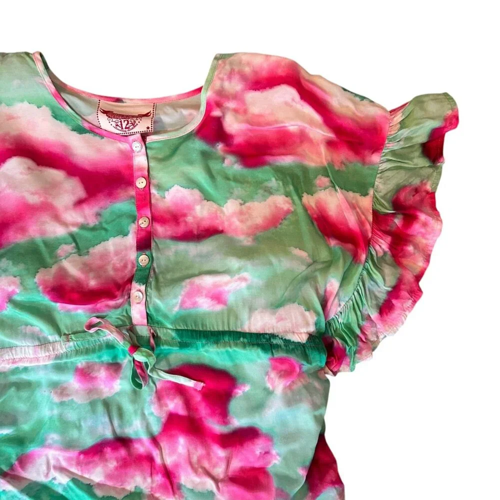 Paper Wings Novelty Tie Dye Clouds Ruffle 100% Viscose Tunic 12